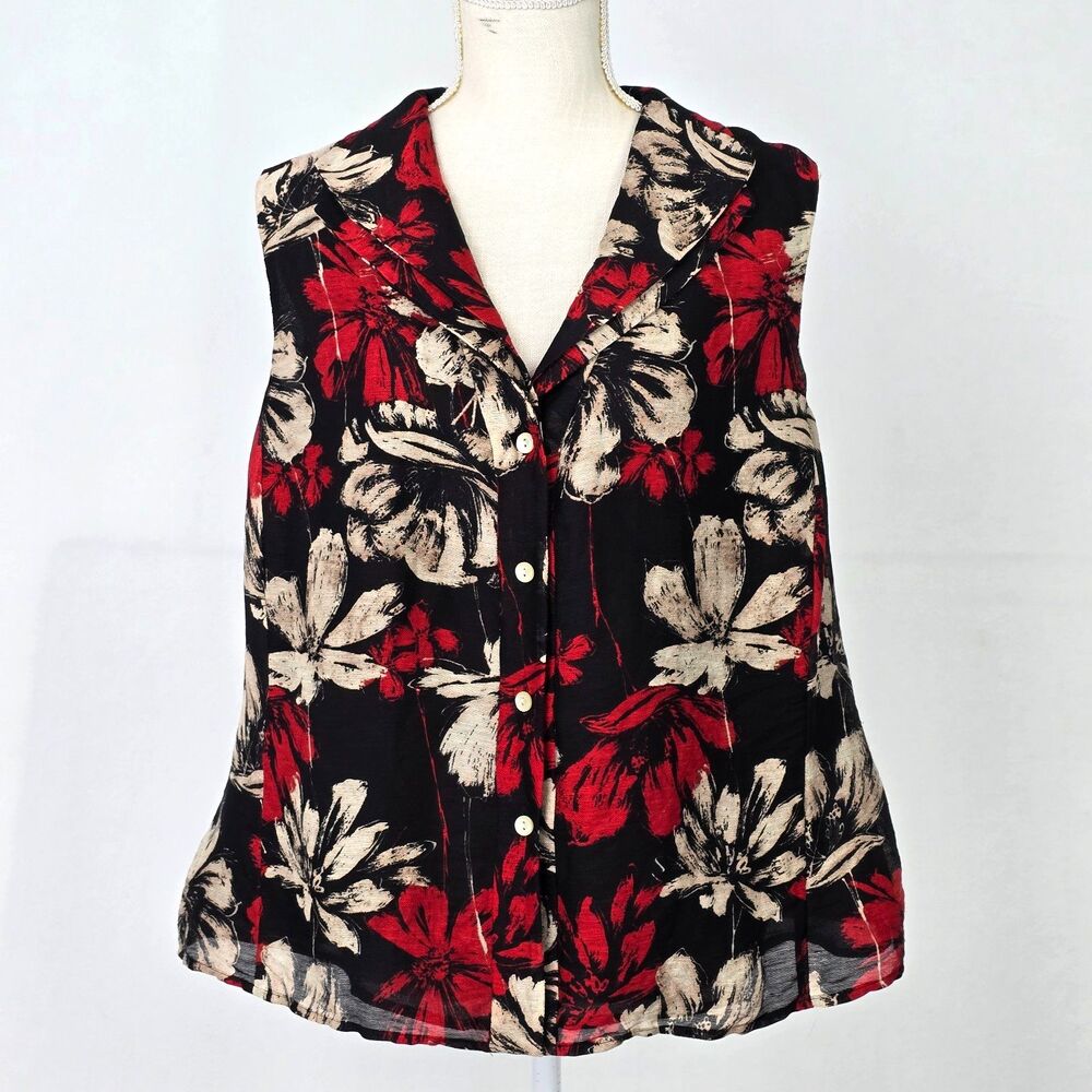 Jones New York 14W Black Red Tan Floral Linen Silk Sleeveless Button Blouse